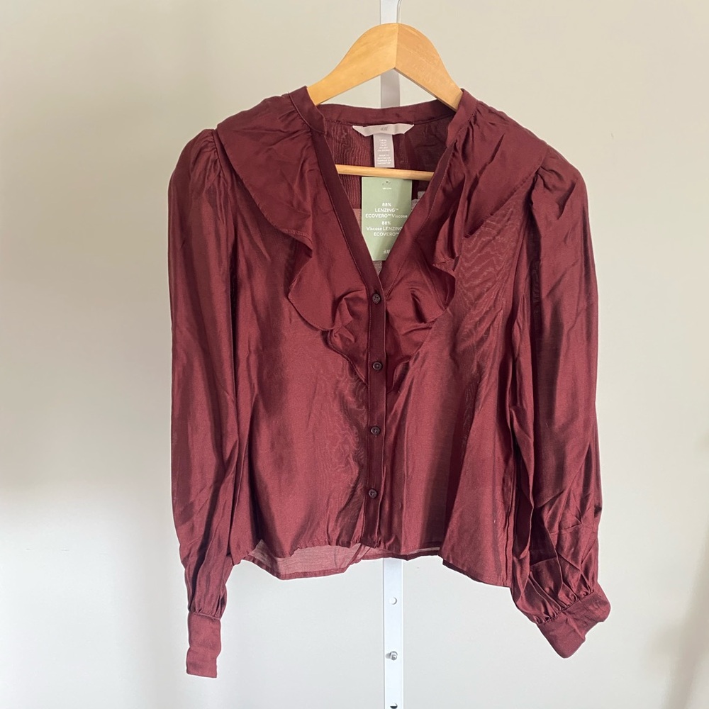 H&M Ruffled Bib Collar Blouse with Puff Sleeves